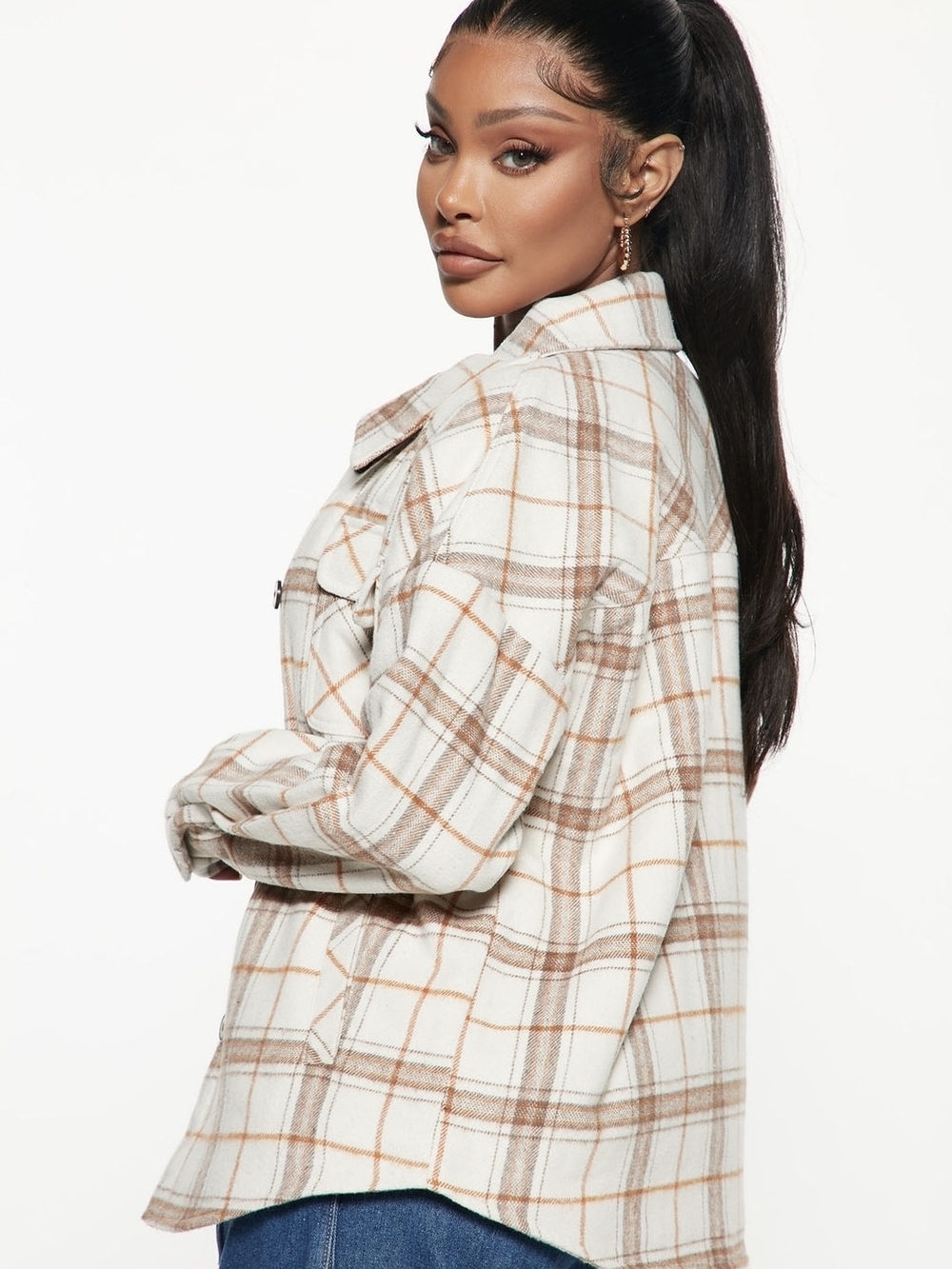 Plaid Shacket Jacket in Cream and Brown